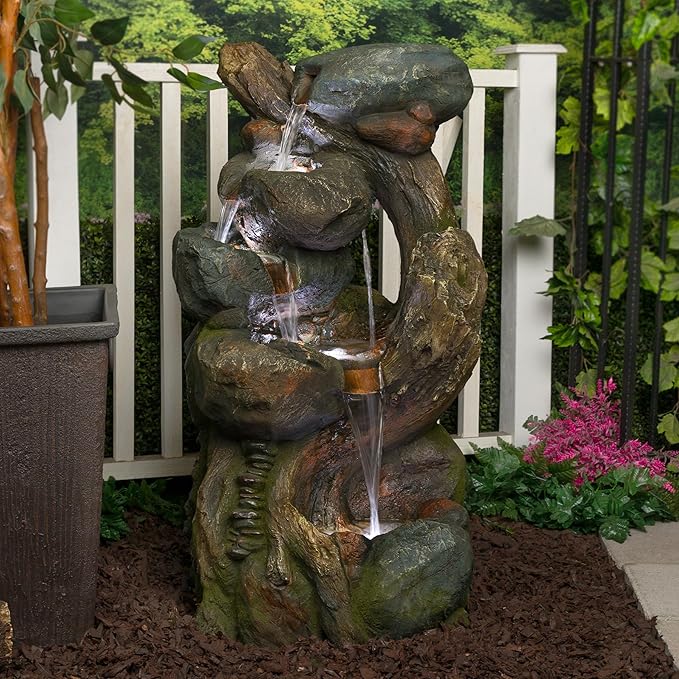 Alpine Corporation WIN1546 Outdoor Floor Rock/Tree Trunk Fountain w/LED Lights, Cascading Garden Water Fountain, 39" H, Gray