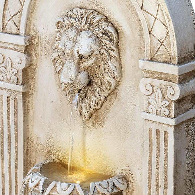 Alpine Corporation TZL160 Indoor/Outdoor Floor Lion Head Wall Fountain with LED Lights, Wall-Mounted Waterfall, 32", Ivory