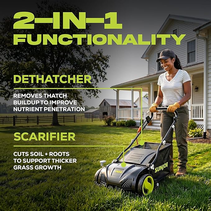 Sun Joe 15-Inch Electric Powered Lawn Dethatcher with Scarifier Blade Reel and Collection Bag - 13-Amp Corded Yard Power Rake Tool Machine for Grass Thatch Removal, AJ805E - Image 4