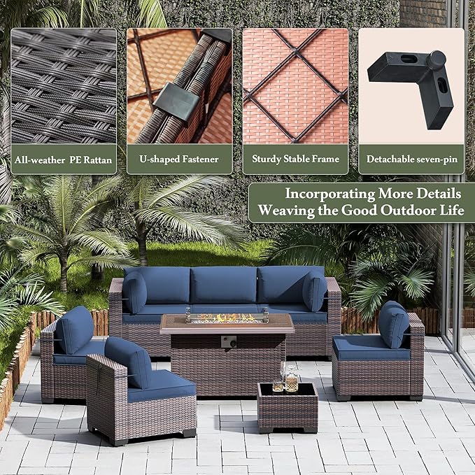 Outdoor Patio Furniture Sets with Propane Fire Pit Table, 8 Pieces Outdoor Furniture Patio Sectional Sofa Conversation Sets w/ETL Approved 43" Gas Outdoor Fire Table & Coffee Table (Dark Blue)