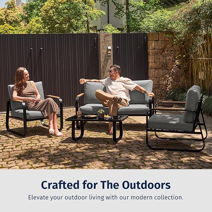 East Oak 4-Piece Patio Furniture Set, Outdoor Patio Set, 4.7inch Removable & Washable Deep Seating Cushion Outside Conversation Sets, Gray