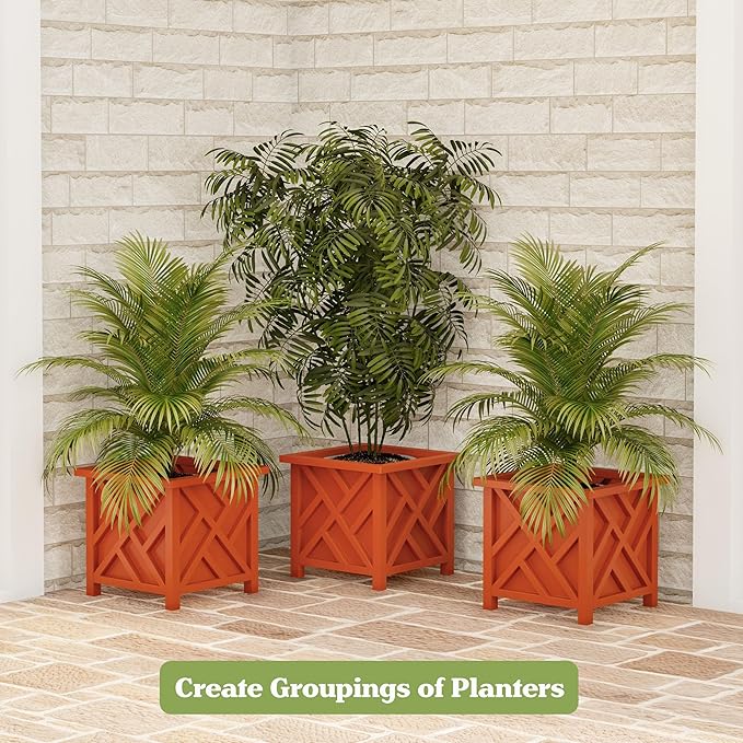 Lattice Design Outdoor Planter Box - 14.75” Square 13” Tall Terracotta Plant Pot - Decorative Plant Pots for Front Porch Decor - Flower Pots Outdoor Planters for Porch Patio or Garden by Pure Garden