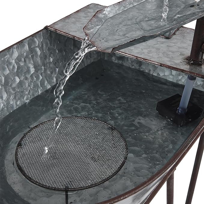 Alpine Corporation MCC574 Outdoor Floor Galvanized Shovel Pitcher Bucket Fountain, 41" Vintage Garden Water Feature, Patio & Backyard Décor, Gray