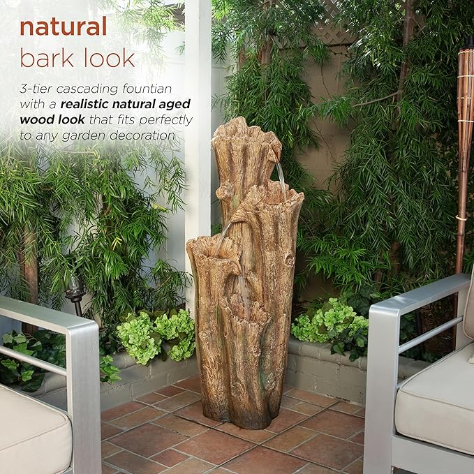 Alpine Corporation TZL268 47" Outdoor 3-Tier Tree Bark Water Fountain with LED Lights for Gardens, Patios, and Yards, Brown