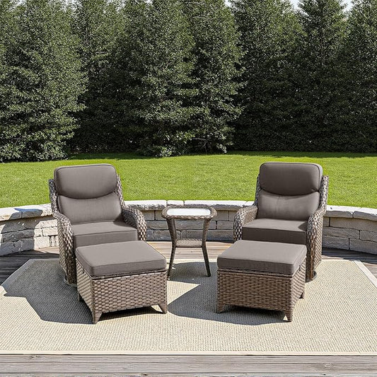 Luxury Outdoor Furniture Set with Swivel Chairs, High Back Swivel Patio Chairs with Ottoman, Side Table & 6-Inch Thick Cushions, Wicker Patio Furniture Set for Porch, Yard, Deck, Poolside, Brown/Grey