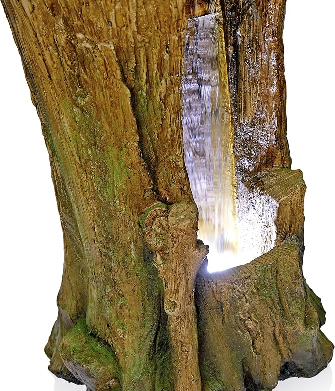 Alpine Corporation TZL294 Outdoor Tree Trunk Floor Fountain with Cool White LED Lights, Tiered Garden Decor, 22" H, Brown