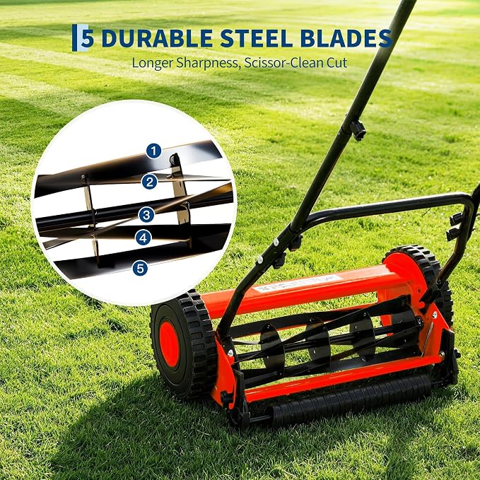 16" 5-Blade Push Reel Lawn Mower, Manual Push Mower with Adjustable Cutting Height, Compact Lawnmower for Small to Medium Yard and Field, Lightweight Hand Reel Push Mower, Red - Image 3