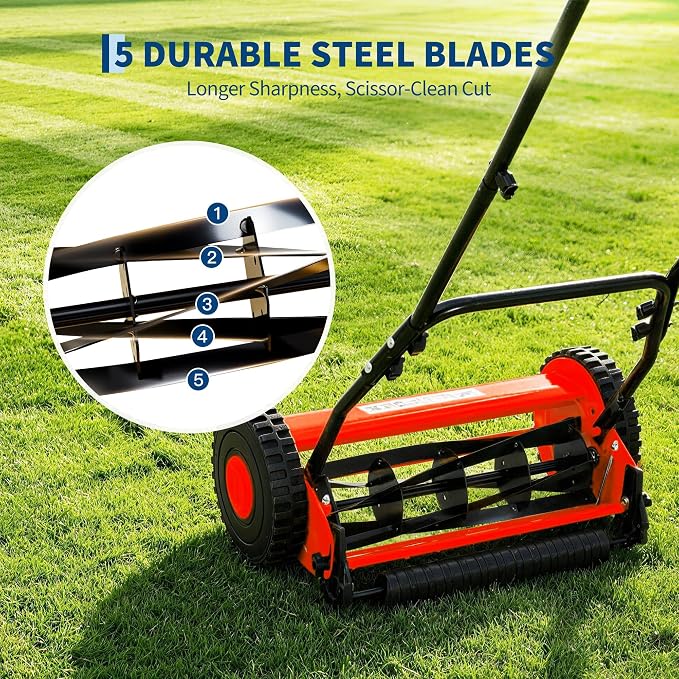 14" 5-Blade Push Reel Lawn Mower, Manual Push Mower with Adjustable Cutting Height, Compact Lawnmower for Small to Medium Yard and Field, Lightweight Hand Reel Push Mower, Red - Image 3