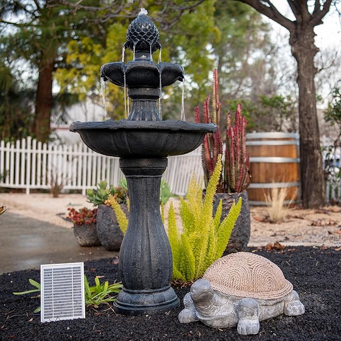 XBrand 44" Solar Powered 2-Tier Outdoor Water Fountain, Fiberglass Resin Fountain with Auto Shut-Off Pump, Black