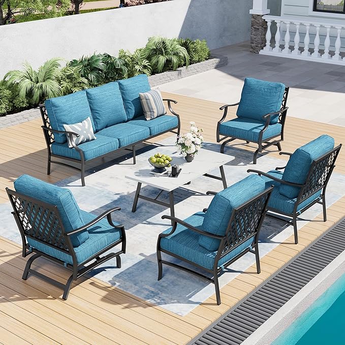 6 Piece Metal Outdoor Patio Furniture Set, Patio Conversation Set 3-Seater Sofa, 2 Rocking Chair, 2 Leg Chair with 5.75" Thick Cushion and Coffee Table, Backyard Furniture Set, Blue-2