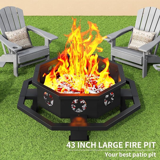 43 inch Fire Pit, Outdoor Wood Burning Fire Pit Octagonal Heavy Duty Firepit for Camping, Backyard, Patio, Black - Image 3