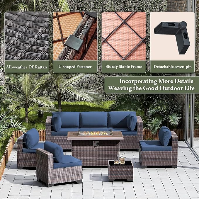 8 Pieces Outdoor Patio Furniture Set,Outdoor Sectional Furniture with 43" 55000 BTU Gas Propane Fire Pit Table,All Weather PE Rattan Wicker Patio Conversation Set,Navy Blue
