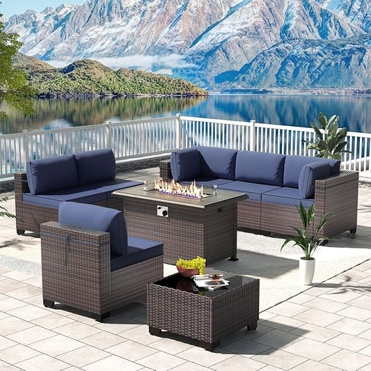 Kullavik 8 Pieces Outdoor Patio Furniture Set,Sectional Sofa Set with 43" 55000 BTU Gas Propane Fire Pit Table,Brown PE Rattan Wicker Patio Conversation Set,Navy Blue