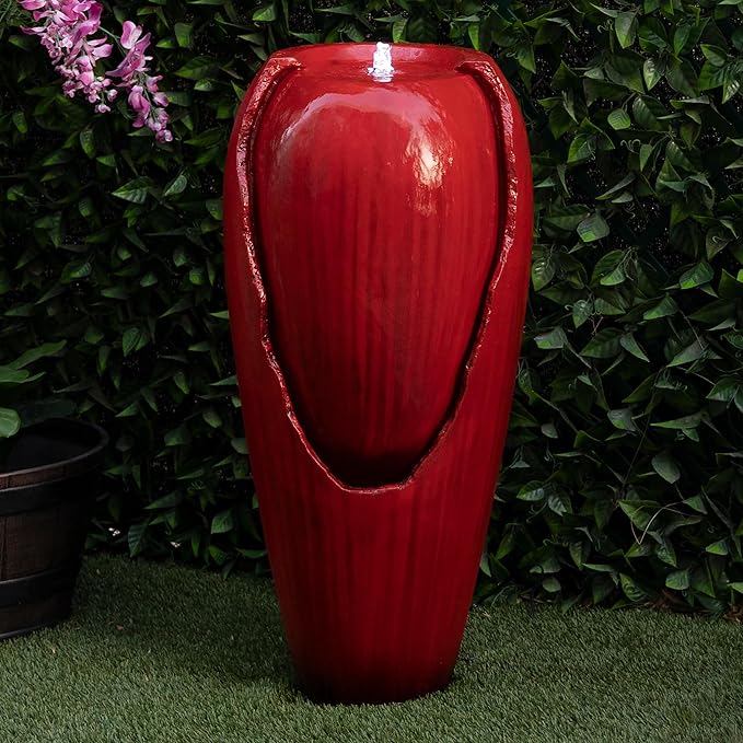 Alpine Corporation DIG100XS-RD | 33"H Outdoor Vintage Cascading Antique Jar Water Fountain with LED Lights — Garden, Patio & Yard Décor — Red Finish