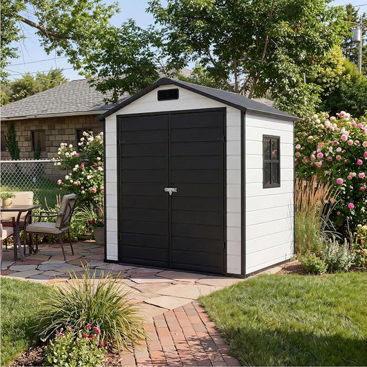 Resin Outdoor Storage Sheds 4x6 ft, Upgraded Double-Wall Outdoor Plastic Shed with Window & Double Doors, Waterproof Lockable Garden Shed (Grayish White + Black, 6 X 4 ft) by Unknown