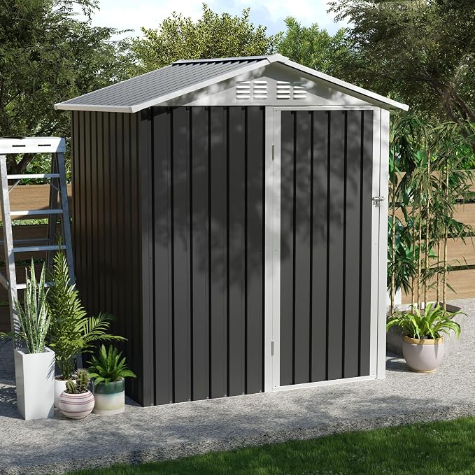 YOPTO 5.4x4.27 FT Outdoor Storage Shed, Metal Garden Tool Shed with Sloping Roof and Lockable Doors for Backyard Garden Patio Lawn, Grey - Image 3
