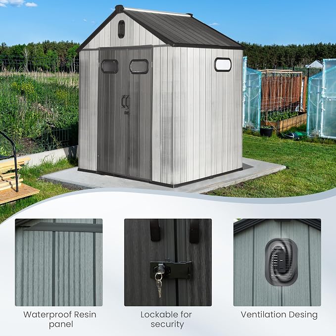 Domi 6x6 FT Outdoor Resin Storage Shed, All-Weather Double-Wall Storage Building for Backyard, Garden, Lawn Tools, Mower, Bike & Pool Equipment, Lockable Doors, Ventilated Roof, Grey - Image 8