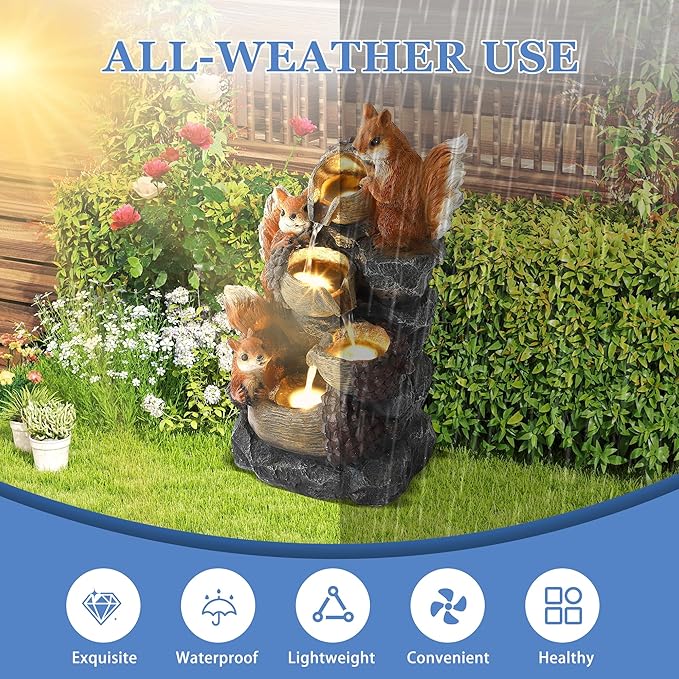 Outdoor Garden Water Fountain with Cascading Rock, 4-Tiers Fountains and Waterfalls with LED Lights,Indoor/Outdoor Morden Floor Standing Water Feature w/3 Squirrel Decor for Patio, Backyard