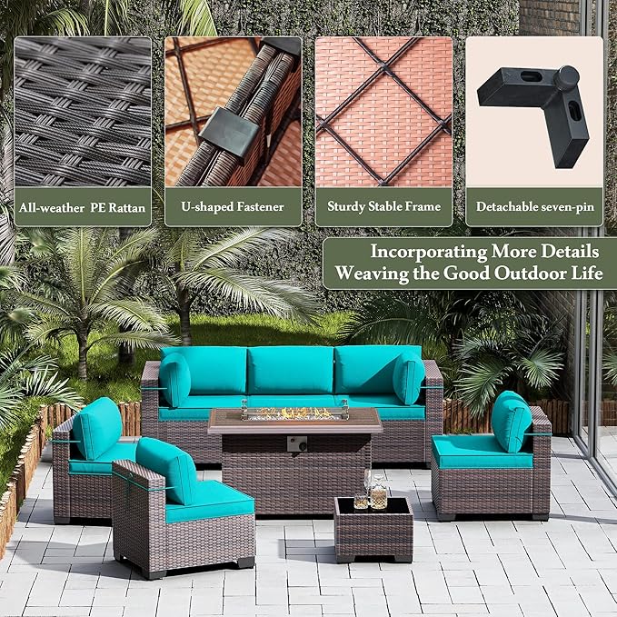 8 Pieces Outdoor Patio Furniture Set,Outdoor Sectional Furniture with 43" 55000 BTU Gas Propane Fire Pit Table,All Weather PE Rattan Wicker Patio Conversation Set,Turquoise Blue