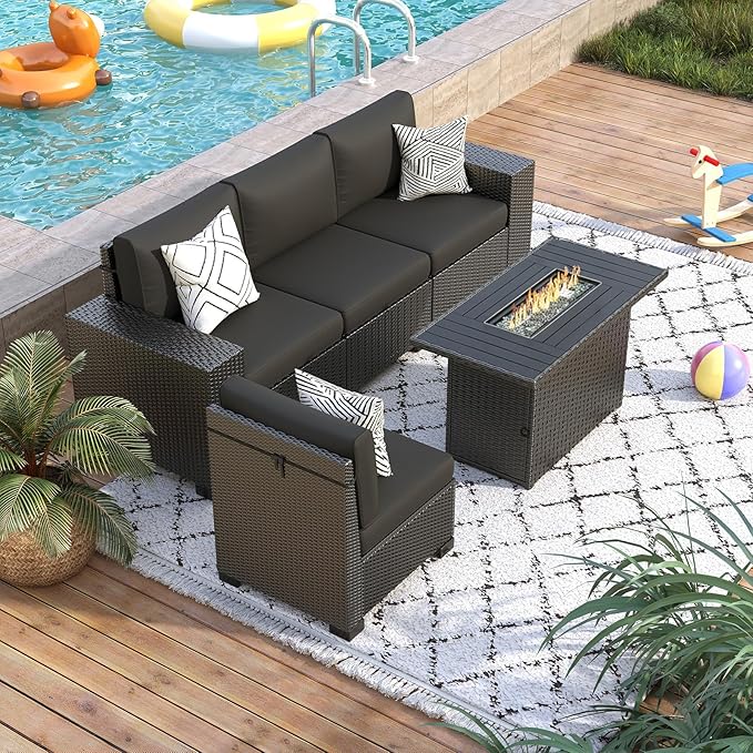 5 Piece Patio Furniture Set with Fire Pit Table, Outdoor Sectional Conversation Sets Black Wicker Rattan Sectional Sofa for Patio Garden Backyard, 4'' Thickened Cushion Black