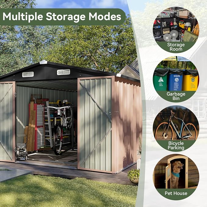 Aoxun 12x7.5 FT Shed Outdoor Storage Shed with Spacious Door Large Sheds with Double Lockable Door Galvanized Metal Shed for Garbage Can, Bike, Mower, Brown - Image 6