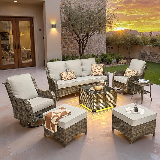 ovios 7-Piece Patio Furniture Set with Swivel Chairs Coffee Table, Outdoor Wicker Sofa with Comfy Cushions, High Back Couch Modern Conversation Sets, Grey/Grey