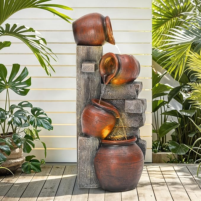 31.5" H Outdoor Water Fountain with LED Lights and Pump, Cascading Pitchers Farmhouse Garden Fountain Waterfall for Patio, Porch, or Yard