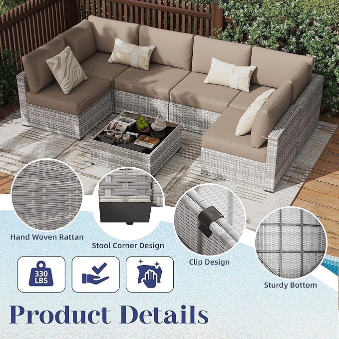 KIGOTY Patio Furniture Set,7 Pieces Modular Outdoor Sectional Sofa, PE Rattan Patio Conversation Set, All Weather Wicker Patio Furniture with Cushions and Coffee Table（Grey White/Camel）