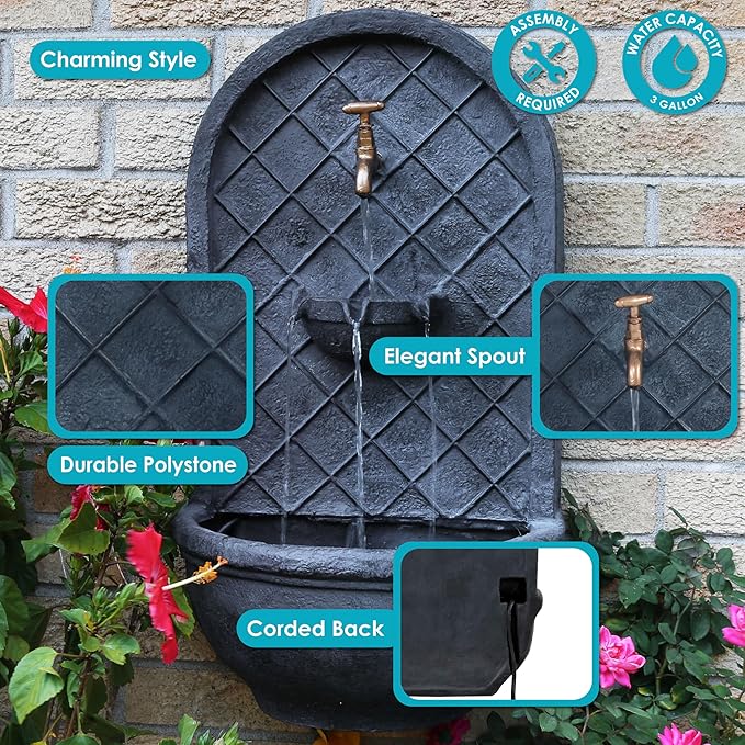 Sunnydaze 26" Outdoor Wall Water Fountain with Pump - Lead - Messina - Electric
