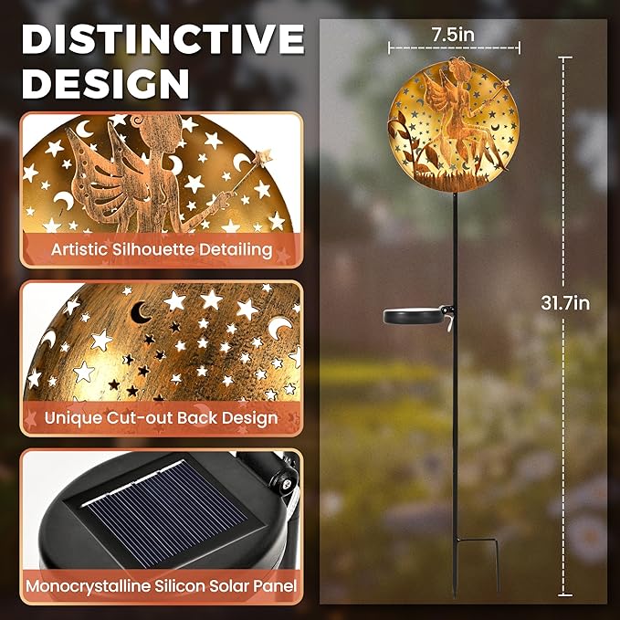 Solar Fairy Garden Lights, Metal Fairy Sculpture Pathway Stakes, Waterproof Outdoor Decorative Lights for Yard Patio Garden Porch, Gifts for Women Mom, 1 Pack