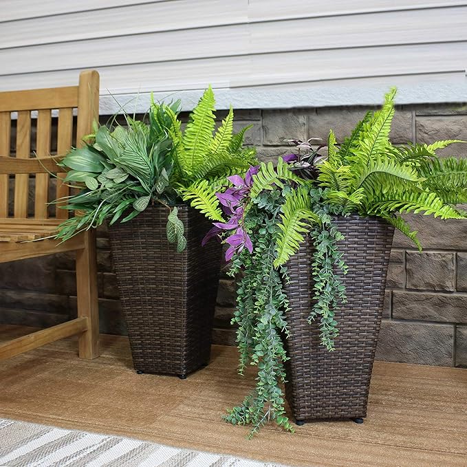 Sunnydaze Set of 2 Square Tall Wicker Planters - Polyrattan Rectangular Large Plastic planters for Outdoor Plants - 20-Inches Tall - Brown