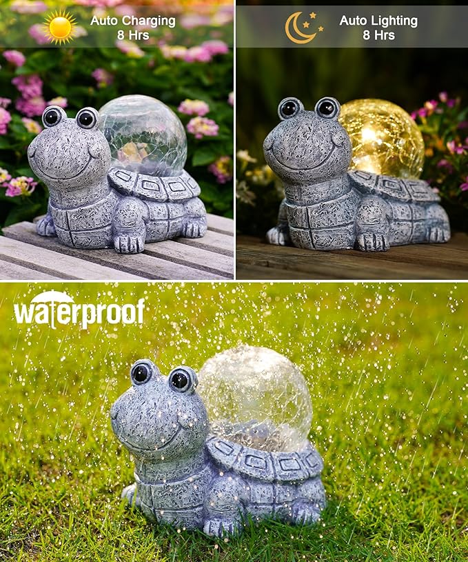 Nacome Solar Turtle Garden Statue Lights: Outdoor Figurine with Glass Ball Lighting Decorations Lawn Ornaments Porch Patio Balcony Yard - Birthday Gifts for Mom Grandma Women(Grey)