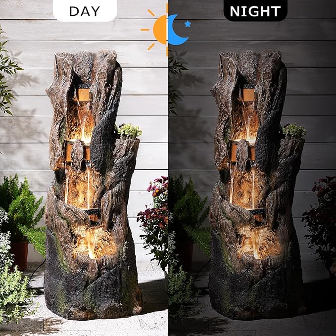 43.7''H Water Fountain Outdoor, 4 Tiered Large Tree Trunk Outdoor Freestanding Cascading Waterfall with LED Lights, Floor-Standing Water Feature for Garden, Yard, Patio, Porch, Home Art Decor