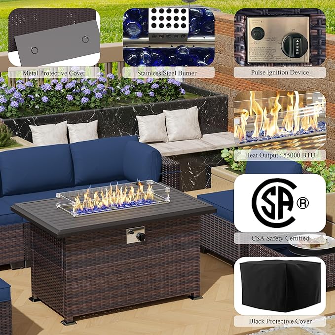 Outdoor Patio Furniture Sets with Propane Fire Pit Table, 8 Pieces Outdoor Furniture Patio Sectional Sofa Conversation Sets w/ETL Approved 43" Gas Outdoor Fire Table & Coffee Table (Dark Blue)