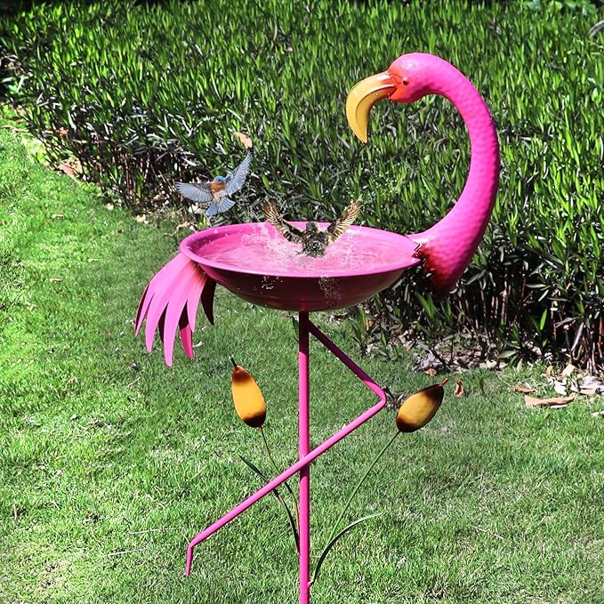 12.2”D * 45.3”H Flamingo Bird Bath, Metal Bird Baths for Outdoor, Bird Feeder with 5 Prongs Stake for Outside Garden Yard Decor
