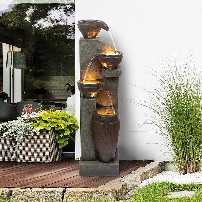 Alpine Corporation 40” Tall Indoor/Outdoor 4-Tier Fountain with LED Lights, Cascading Pot and Bowl Water Feature, Elegant Waterfall for Garden, Patio & Home, Brown