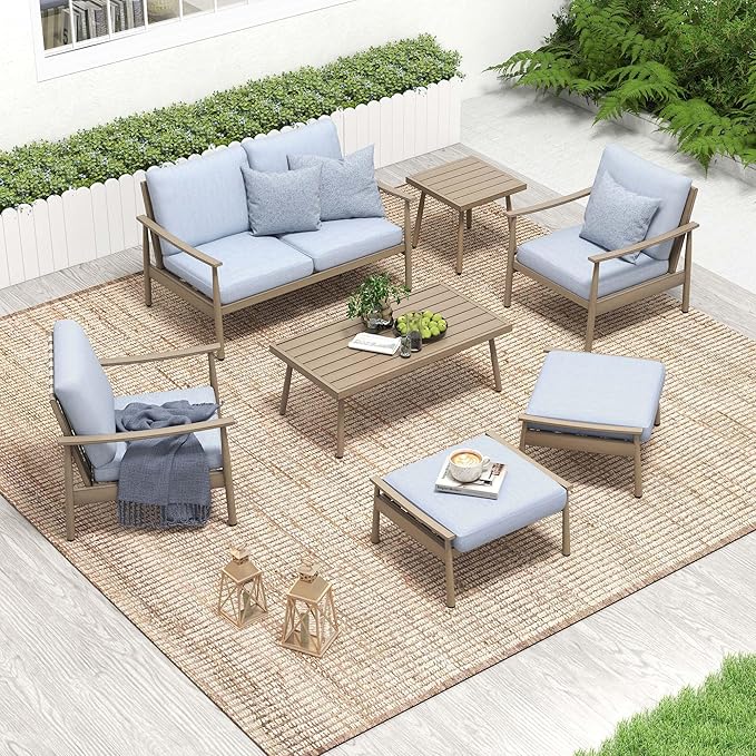 HAPPATIO Patio Outdoor Furniture Set - 7 Pieces Aluminum Outdoor Conversation Set Includes 1 Loveseat, 1 Coffee Table, 1 Side Table, 2 Armchairs, and 2 Ottomans for Porch, Lawn (Brown)