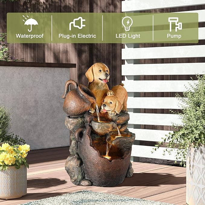 LuxenHome Outdoor Water Fountain, 25 Inch Puppy and Pitchers Pot Resin Water Fountains Indoor with LED Lights, Farmhouse Waterfall Outdoor, Indoor Fountains and Waterfalls for Patio, Garden Decor