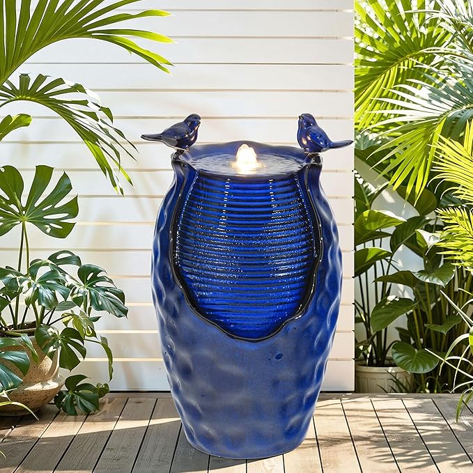 23.5" H Ceramic Jar Outdoor Fountain, Honeycomb Pot Water Feature with LED Lights, Soothing Trickling Waterfall for Garden, Patio, Yard Oasis, KD Vivid Bird Accents, Cobalt Blue Glaze,