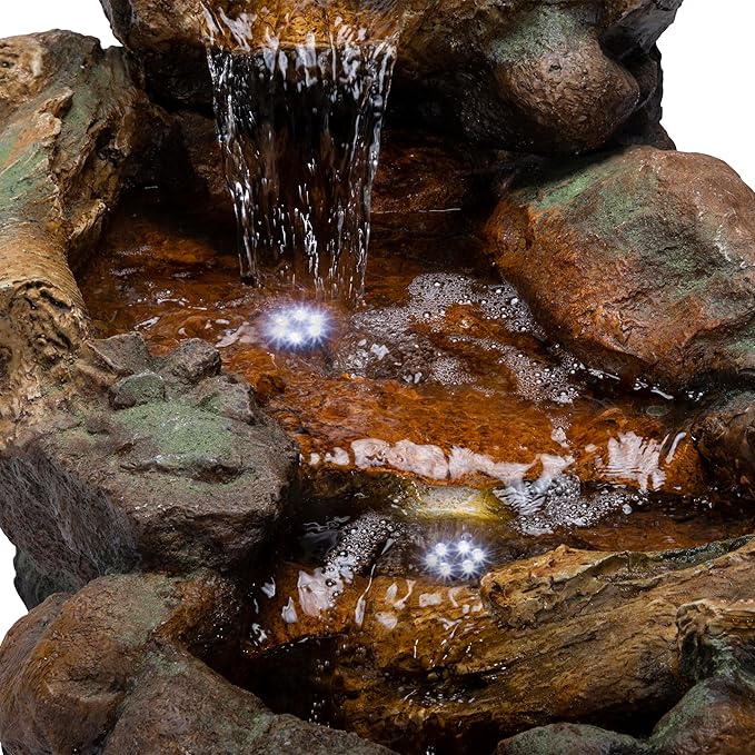 Alpine Corporation TZL288 Indoor/Outdoor Cascading Stone River Waterfalls Floor Fountain with LED Lights, 40 inches Long, Brown