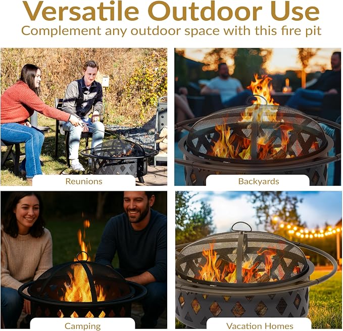 Sunnydaze Crossweave Outdoor Fire Pit - Wood-Burning Fire Pit for Outside with Spark Screen, Poker and Round Cover - 30-Inch - Black - Image 6