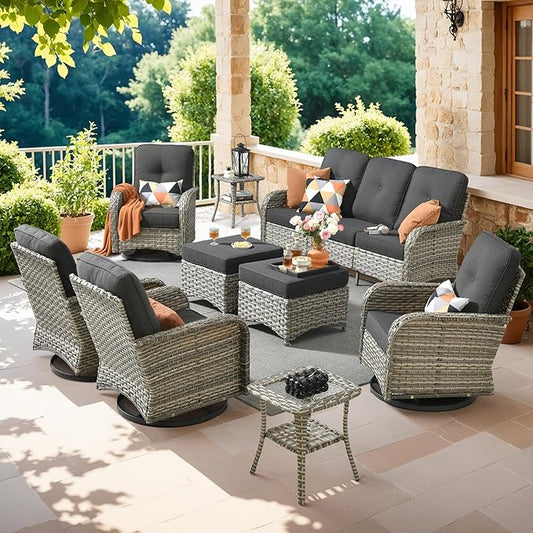 HOOOWOOO Outdoor Patio Furniture Set with Swivel Chairs,9 Pieces Wicker Conversation Set,All Weather High Back Couch Sofa Rocker Chairs Ottomans Set,Black