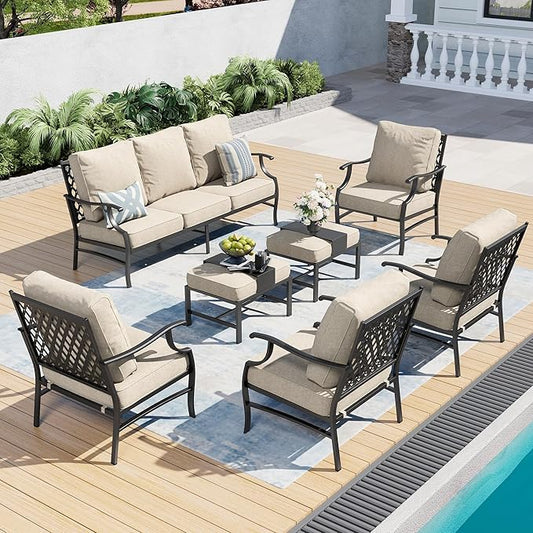 Patio Furniture Set, Modern Metal Outdoor Patio Furniture, 3 Seater Sofa, 4 Single Chairs, 2 Ottomans with 5.75" Extra Thick Cushion, Patio Conversation Set for Backyard Deck