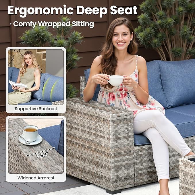 ovios 8 Pieces Patio Furniture Set, Outdoor Wicker Sectional Sofa with Swivel Chair Coffee Table, Modern Modular Deep Seat Rattan Couch Conversation Sets, Denim Blue