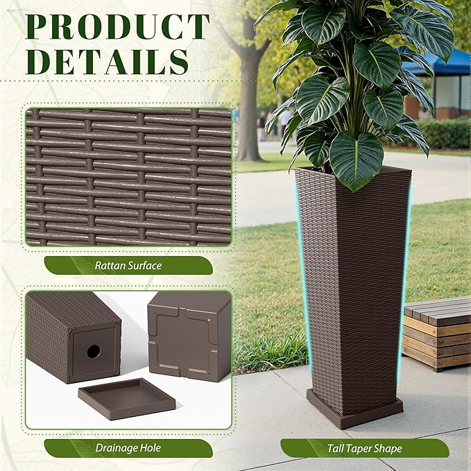 JUMMICO Set of 2 Resin Rattan Tall Planters for Outdoor Plants, Large Tapered Planters with Drainage Holes, Inner Trays and Outer Saucers, Flower Pots for Garden, Patio, Porch, Backyard (Brown, 32")