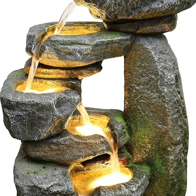 Outdoor Garden Water Fountain with Lights Cascading Large Waterfall Floor Standing Fountain for Patio, Backyard, Deck, Porch and Home Art Decor (32.68'' Gray)