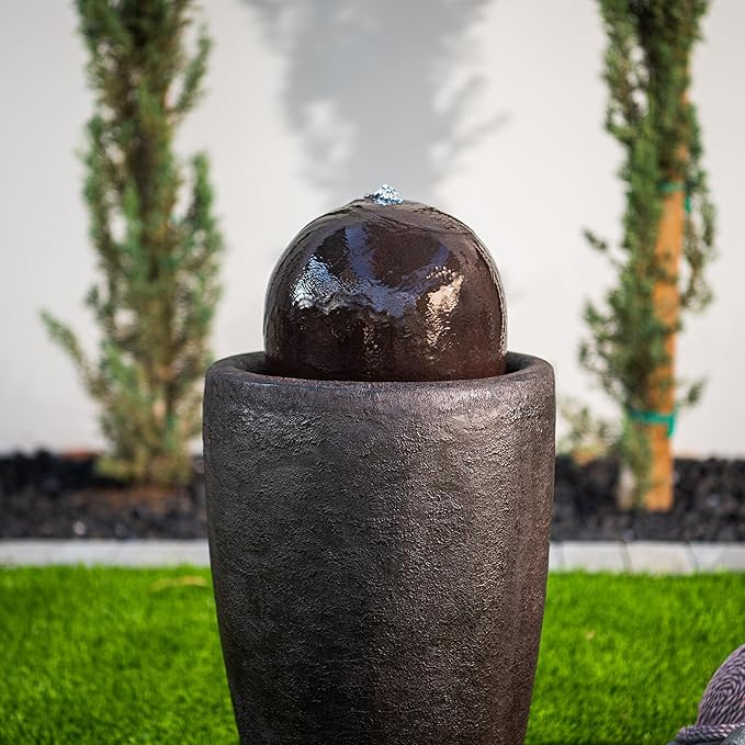 XBrand 25.98" H Black Round Stone Indoor/Outdoor Modern Sphere Water Fountain with LED Lights – Ball Bubbling Fountain Décor for Garden, Patio, or Tabletop