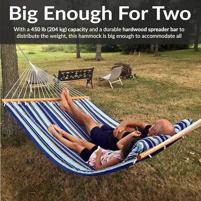 Sunnydaze Double Quilted Fabric Hammock with Universal Steel Stand - 450-Pound Capacity - Black Stand - Catalina Beach - Image 4