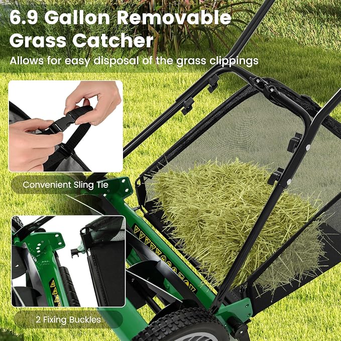 16-inch 5-Blade Push Reel Lawn Mower, Walk-Behind Grass Cutter w/Removable 7 Gallon Grass Catcher Bag & Adjustable Cutting Height, Cordless Manual Lawn Mower for Garden, Lawn, Yard (Green) - Image 4
