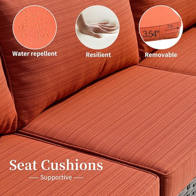 HOOOWOOO 11 Piece Patio Sectional Furniture Set with Fire Pit Table,Modern Wicker Outdoor Conversation Sofa Sets,Weather Resistant Modular L Shaped Outside Couch Swivel Chairs Set(Orange Red)